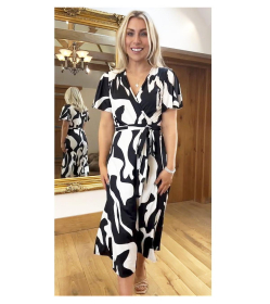 Black and Ivory V Neck Belted Flutter Sleeve Dress