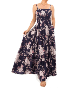 Navy Blue and Pink Floral Strappy Maxi Dress