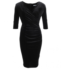 Black Velour V Neck Ruched Dress