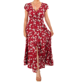 Red and White Floral Print Button Through Maxi Dress