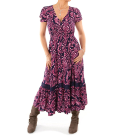 Pink and Navy Blue Paisley Button Through Midi Dress
