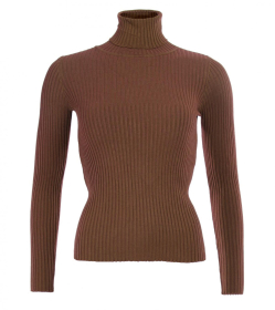 Brown Ribbed Polo Neck Clingy Jumper