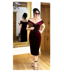 Wine Velour Bardot Dress