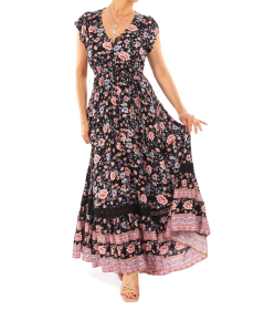 Boho Black and Pink Floral Button up Maxi Dress