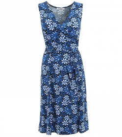 Blue Floral Print Sleeveless Wrap Dress
