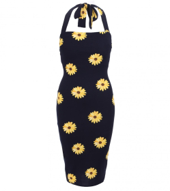 Navy Blue Daisy Print Halter Dress