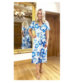 Blue Floral V Neck Belted Flutter Sleeve Dress