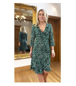 Green Print Ruffled Mock Wrap Dress