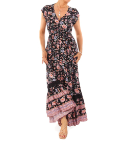 Boho Black and Pink Floral Button up Maxi Dress