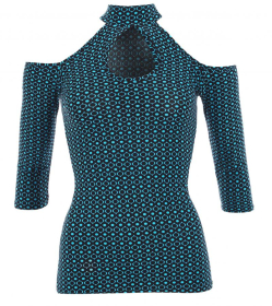 Black and Teal Print Cut Out Choker Top