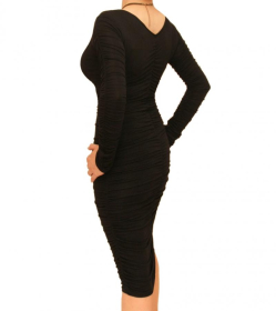 Black Ruched V Neck Dress