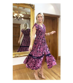Pink and Navy Blue Paisley Button Through Midi Dress