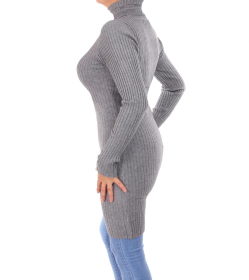 Grey Ribbed Polo Neck Long Jumper