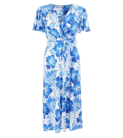 Blue Floral V Neck Belted Flutter Sleeve Dress