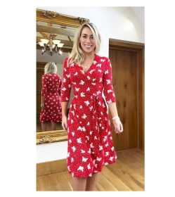 Red Butterfly Print Wrap Dress