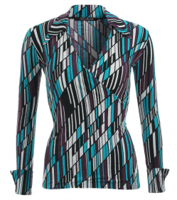 Teal and Purple Print Collared Stretchy Top