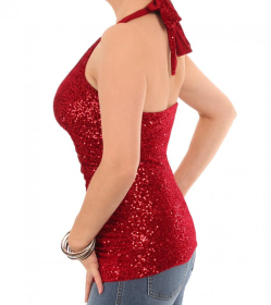 Red Velour Sequin Figure Hugging Halter Top