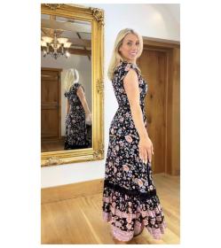 Boho Black and Pink Floral Button up Maxi Dress