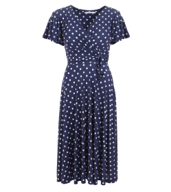 Navy Blue Spot Print Fit and Flare Flutter Sleeve Dress