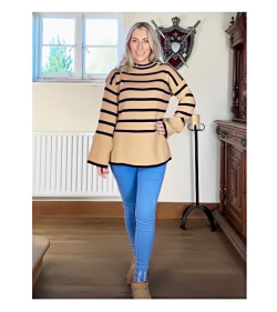 Camel and Black Striped Bell Sleeve Jumper