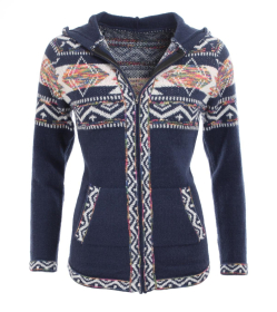 Navy Blue Aztec Zip up Hooded Cardigan