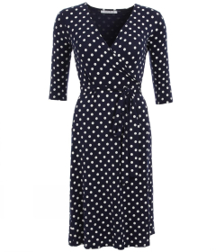 Navy Blue and Ivory Spotted Wrap Dress