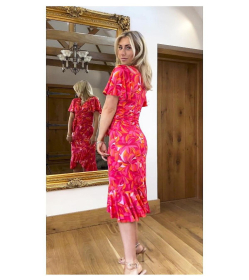 Pink and Orange Print Flutter Sleeve Ruffle Dress