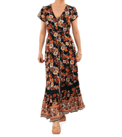 Orange Border Print Button Through Maxi Dress