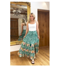 Green and Ivory Paisley Tiered Maxi Skirt