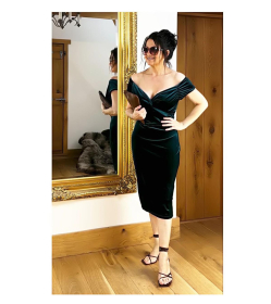 Emerald Green Velour Bardot Dress