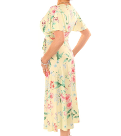 Lemon Floral Fit and Flare Flutter Sleeve Dress