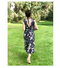 Navy Blue Floral V Neck Fit and Flare Dress