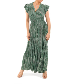 Green Geometric Print Button Detail Maxi Dress