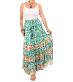 Green and Ivory Paisley Tiered Maxi Skirt