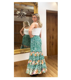 Green and Ivory Paisley Tiered Maxi Skirt
