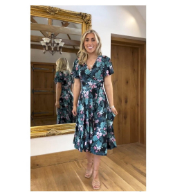 Pink and Blue Floral Print Fit and Flare Dress