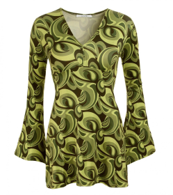 Green Retro Print Bell Sleeve Tunic Top