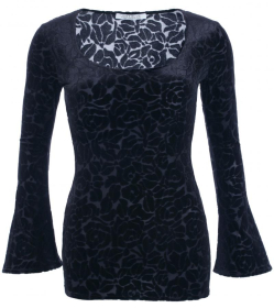 Navy Blue Velour Burn Out Bell Sleeve Top