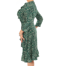 Green Print Ruffled Mock Wrap Dress
