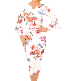 Ivory Floral Bell Sleeve Pencil Dress