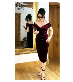 Wine Velour Bardot Dress
