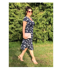 Navy Blue Butterfly Print Fit and Flare Dress 