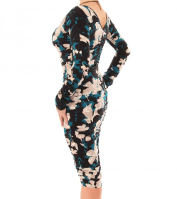 Teal Floral Ruched V Neck Dress