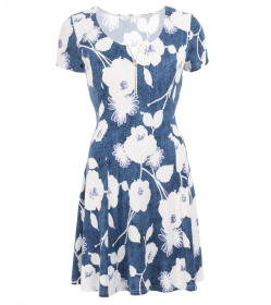 Denim Blue and White Floral Skater Dress