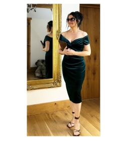 Emerald Green Velour Bardot Dress