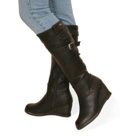 Black Leather Effect Wedge Boots