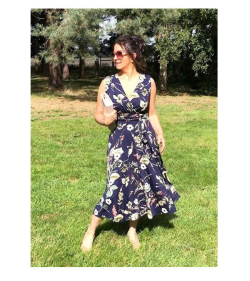Navy Blue Floral V Neck Fit and Flare Dress