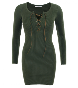 Khaki Green Lace up Ribbed Jumper