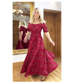 Dark Red Ditsy Print off the Shoulder Maxi Dress