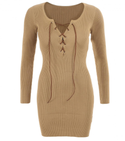 Camel Lace up Ribbed Jumper
